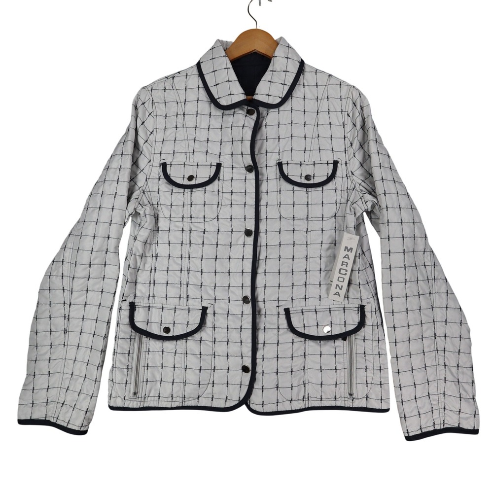 Marcona Reversible Quilted Jacket Womens Medium White Navy Grid Snap Front NWT
